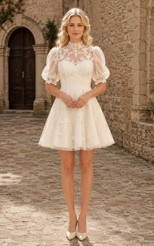 Robe de mariée courte trapèze à col montant et manches bouffantes en dentelle, idéale pour une fugue amoureuse