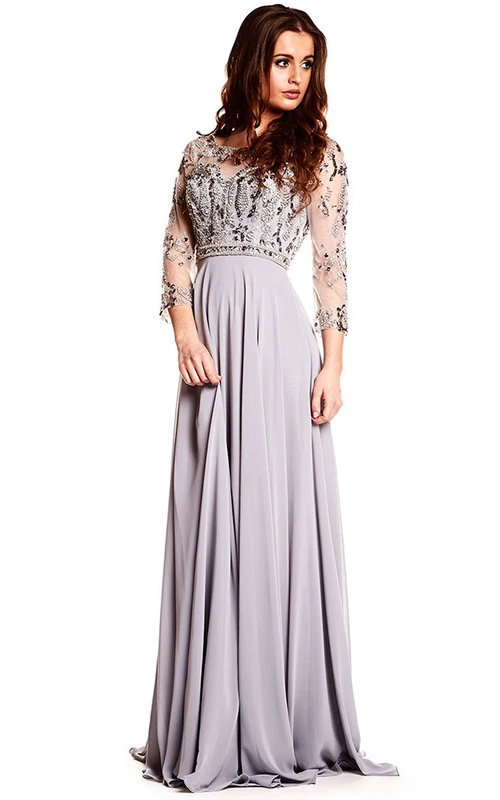 Maxi Long Sleeve Beaded Scoop Neck Chiffon Prom Dress With Illusion Back