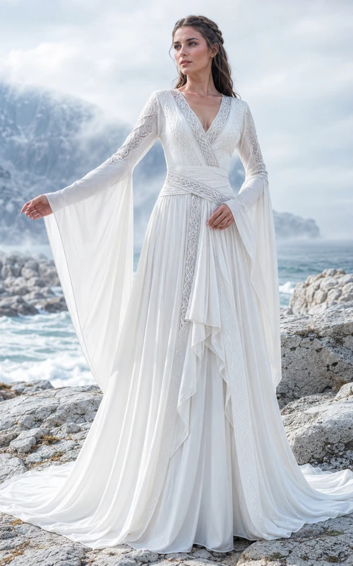 Viking Inspired V-Neck Long Wing Cape Sleeve Chiffon A-Line Sweep Train Wedding Gown
