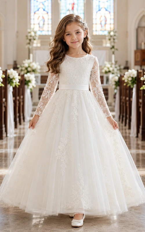 A-Line Flowergirl Lace Tulle Floor-Length Long Sleeve Church Wedding Dress with Floral Appliques