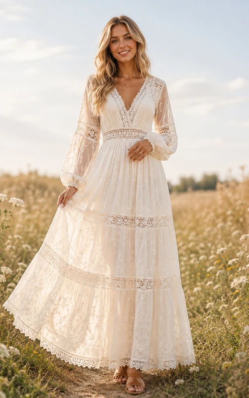Cremefarbenes, tief ausgeschnittenes Chiffonkleid im Boho-Stil mit Poetenärmeln und Spitzenbesatz im Poetry-Stil