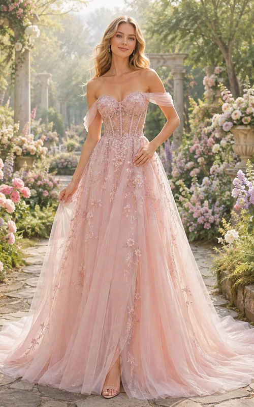 Etéreo vestido de hadas rosa con escote corazón y tul floral, corte en A y hombros descubiertos