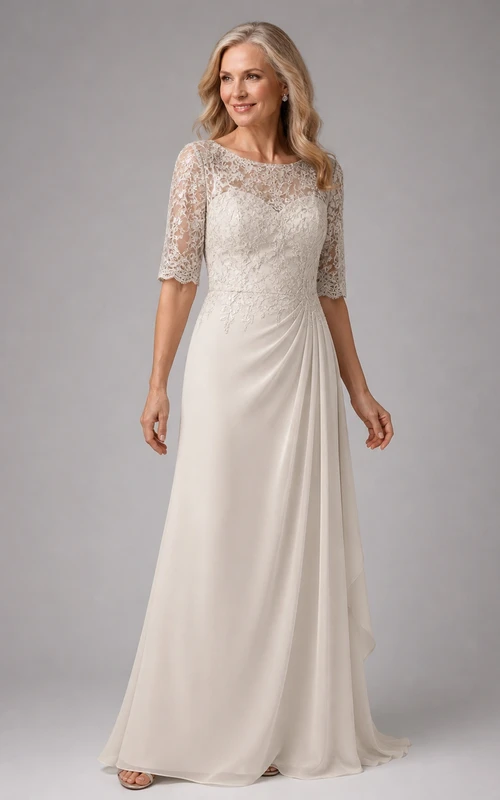 Robe de mariée sobre et élégante en dentelle, coupe trapèze, longueur au sol, encolure bateau, manches courtes, idéale pour les mariées plus âgées.