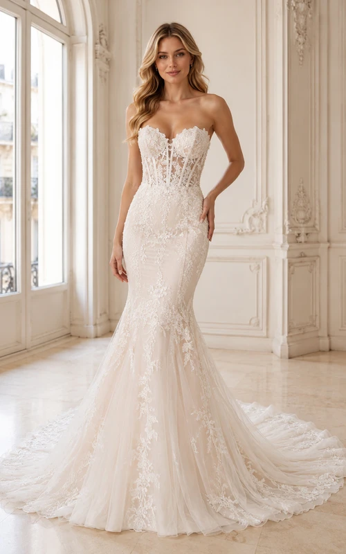 Robe de mariée sirène sans bretelles, décolleté cœur, sans manches, en dentelle rayonnante, traîne chapelle, ornée d'appliqués floraux et d'une robe de mariée champêtre.