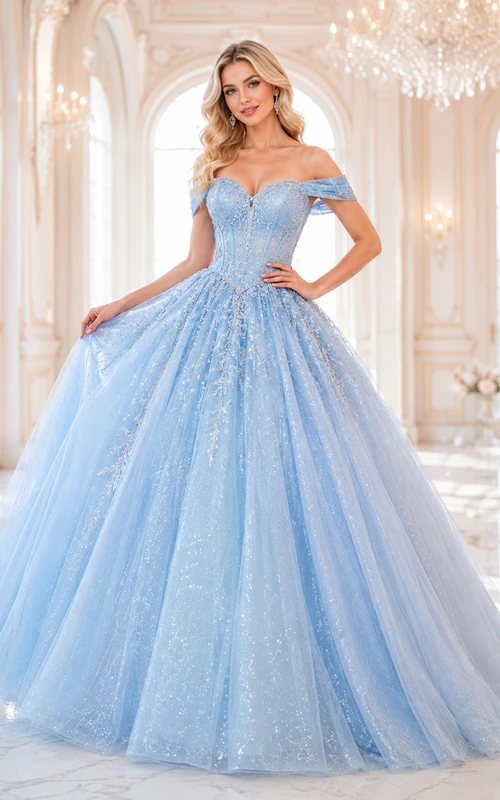 Vestido de princesa de quinceañera azul cielo con escote corazón, hombros descubiertos y tul brillante.