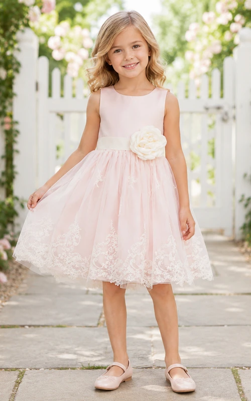 Sencillo vestido de niña de flores de tul con corte en A, cuello joya, falda a media pierna y falda plisada.