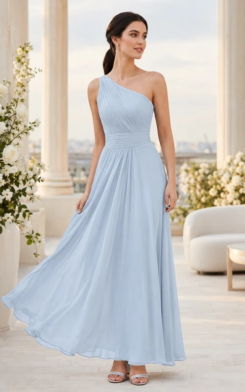 Sky Blue One-Shoulder Sleeveless Chiffon A-Line Floor-length Modern Evening Dress