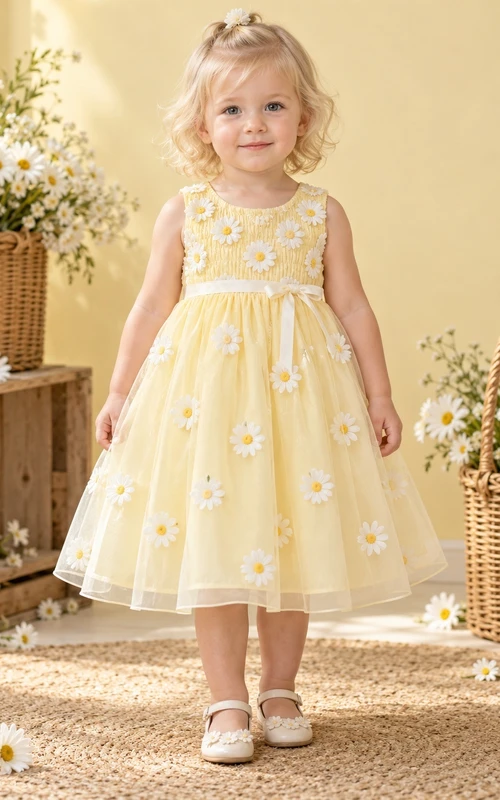 Teelanges gelbes, geblümtes Sommerkleid in A-Linie aus Tüll, ärmellos mit Schleife in der Taille, Blumenmädchenkleid