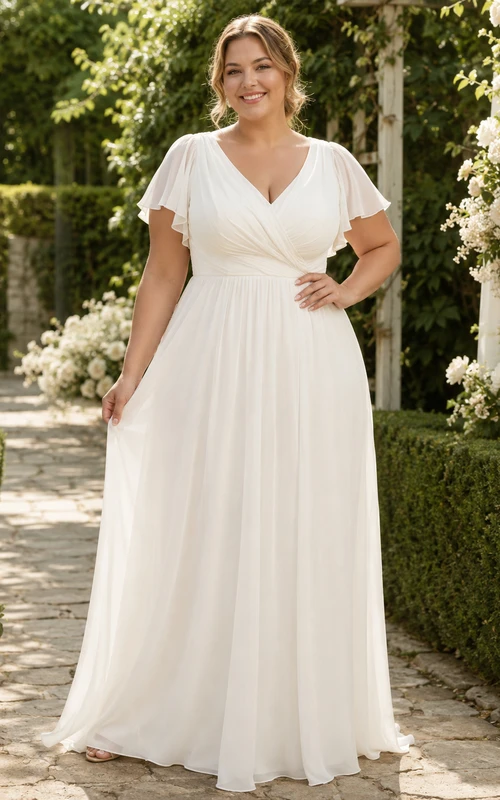 Robe de mariée minimaliste en mousseline, coupe trapèze, col en V, manches courtes, traîne.