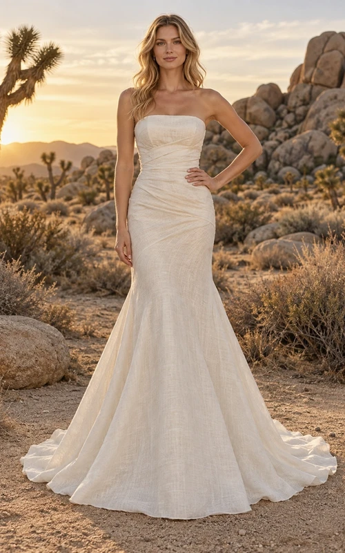 Vestido de novia sencillo, sin tirantes, estilo sirena, sin mangas, fruncido, de mezcla de lino, largo hasta el suelo