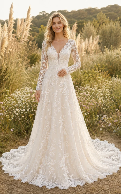 Robe de mariée bohème romantique en dentelle artisanale, col en V illusion, manches longues, coupe trapèze, traîne cathédrale, style bohème.