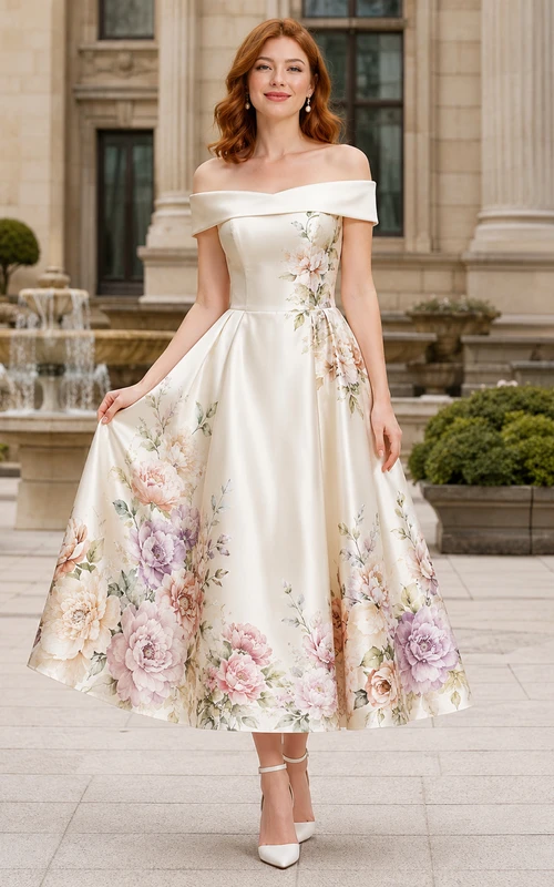 Vestido de novia midi de satén con hombros descubiertos y estampado floral pintado para el Ayuntamiento