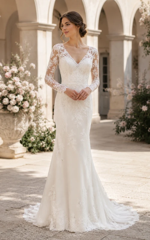 Robe de mariée modeste en dentelle et tulle, coupe sirène, col rond, manches longues et traîne chapelle.