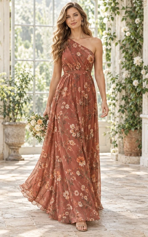 Brautjungfernkleid aus Chiffon in Papaya-Terracotta-Blumenmuster mit One-Shoulder-Ausschnitt und Drapierung, bodenlang