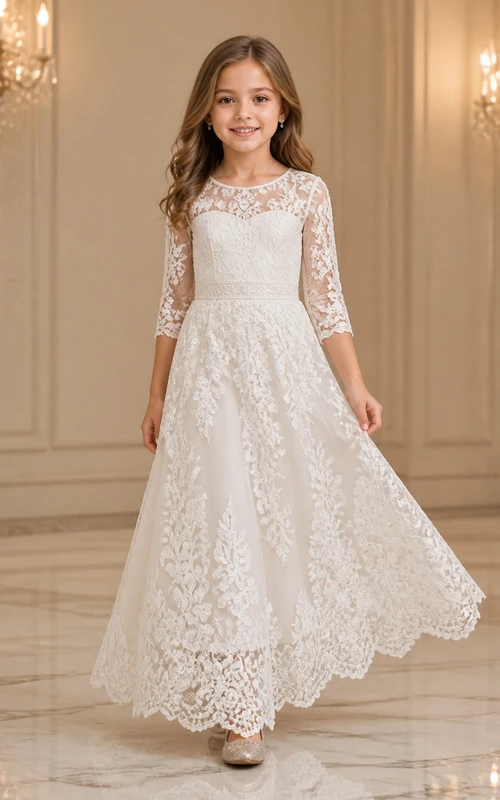 Modest Junior Bridesmaid Ankle-length A-Line Scoop Three-quarter Sleeve Lace Dress