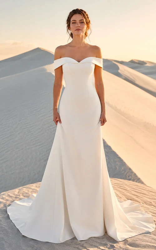 Robe de mariée sirène minimaliste en crêpe Dunes, épaules dénudées, style Dunes