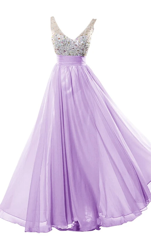 Glamouröses Chiffon-Kleid in A-Linie mit V-Ausschnitt und Kristallperlen