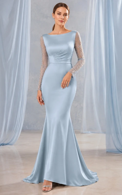 Himmelblaues, bodenlanges Meerjungfrauen-Abendkleid mit Spitzenärmeln, Rundhalsausschnitt und Meerjungfrauenschnitt