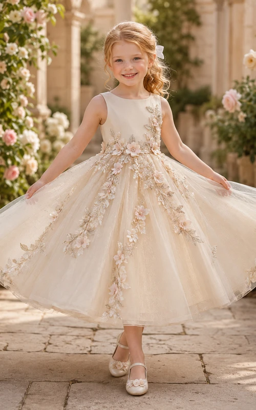 A-Line Couture Flower Girl Dress with Sleeveless Bodice, Radiating Hand Appliques, Full Tulle Skirt, Beaded Waist, Couture Style