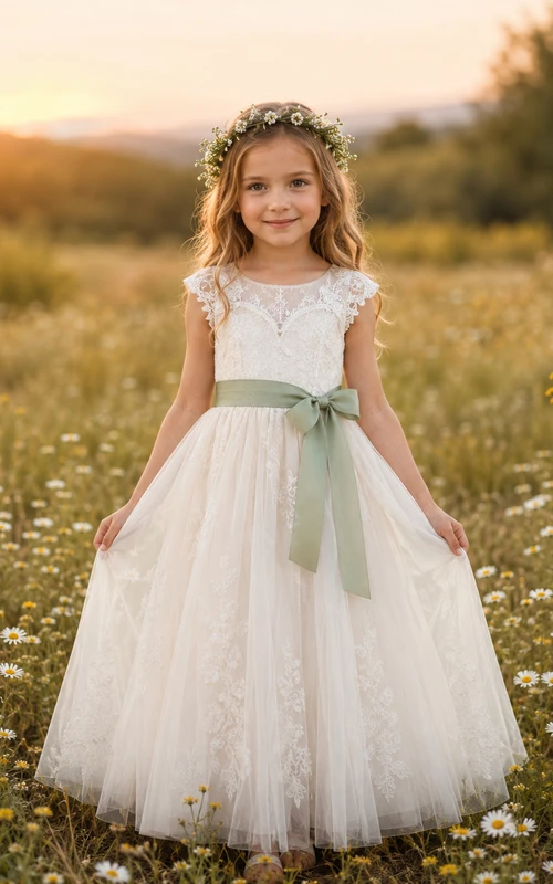 Blumenmädchenkleid mit Spitzenmieder, Tüll und salbeigrüner Schärpe