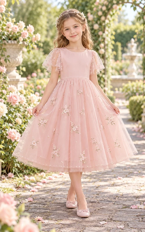 Zartrosa Perlen-Flatterärmel-Blumenkleid in Teelänge und A-Linie für Blumenmädchen