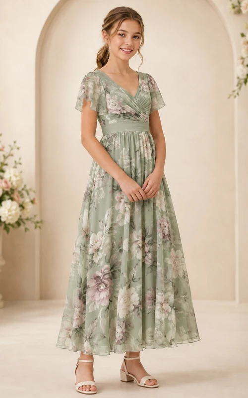 Celadonfarbenes Brautjungfernkleid für junge Damen, A-Linie, V-Ausschnitt, kurze Ärmel, Blütenblattmuster, Boho-Stil