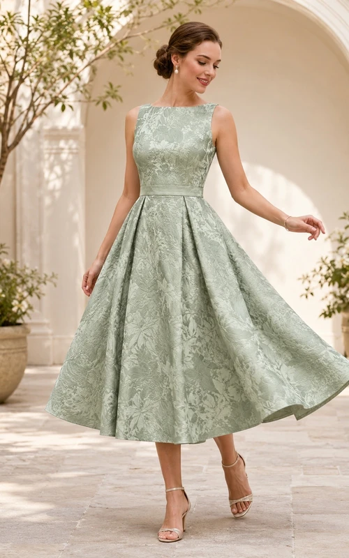 Ärmelloses, teelanges Kleid aus Jacquard-Stoff mit Rundhalsausschnitt in Salbeigrün