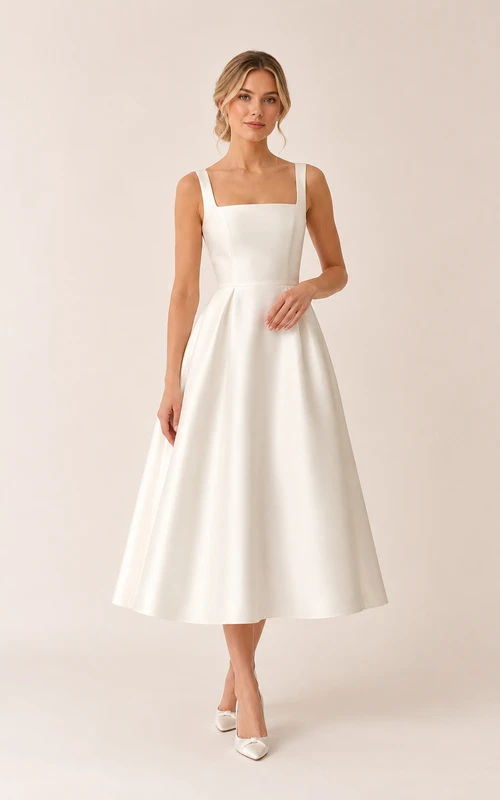 Satin-Brautkleid mit eckigem Ausschnitt und Teelänge sowie A-Linien-Rock