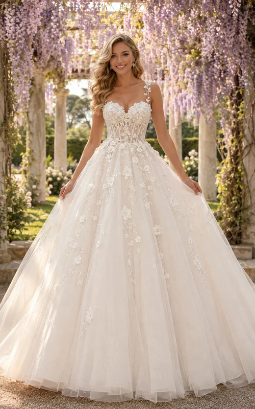 Vestido de novia de tul y encaje playero, estilo princesa, sin tirantes, escote corazón, cola larga, espalda baja en V.