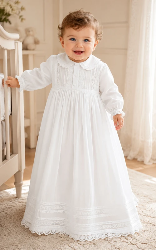 Weißes, langärmeliges Taufkleid mit Peterkragen und Steppnähten für Jungen