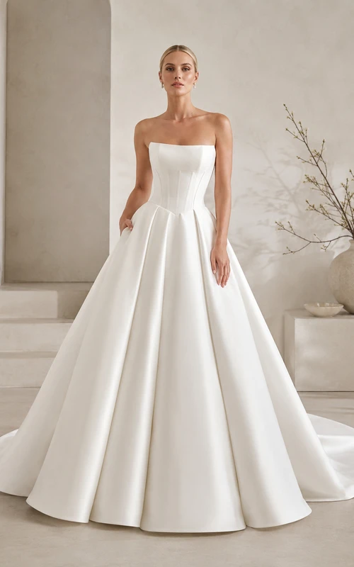 Robe de mariée élégante en satin, bustier, sans manches, traîne cathédrale, plis structurés, style verger