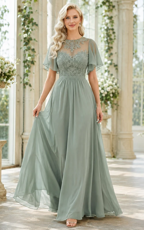 Vestido de corte A de inspiración vintage con mangas de encaje color salvia