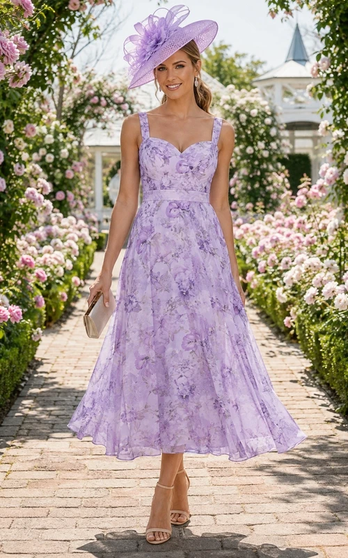 Lavender Floral Chiffon V-neck Sleeveless A-Line Midi Dress