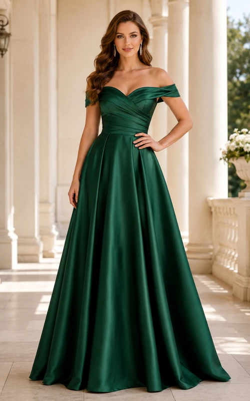 Emerald Off Shoulder Satin A-Line Floor Length Formal Dress