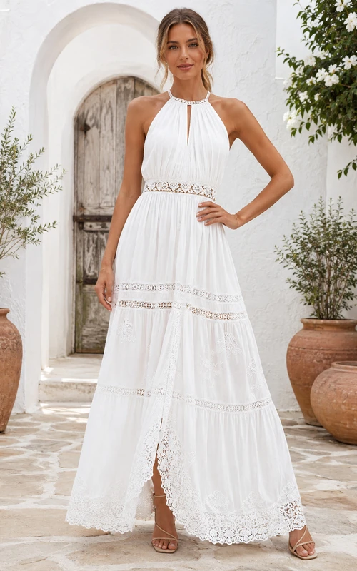Vestido de playa bohemio romántico de encaje, largo hasta el suelo, con escote halter y sin mangas, corte bohemio, ideal para bodas y escapadas románticas.