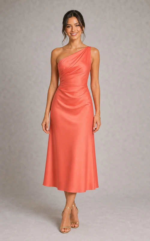 Coral One-Shoulder Satin Midi Sheath Dress