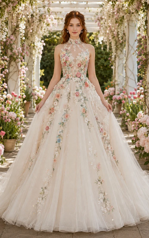 Vestido de novia de gala con cuello alto y bordados florales
