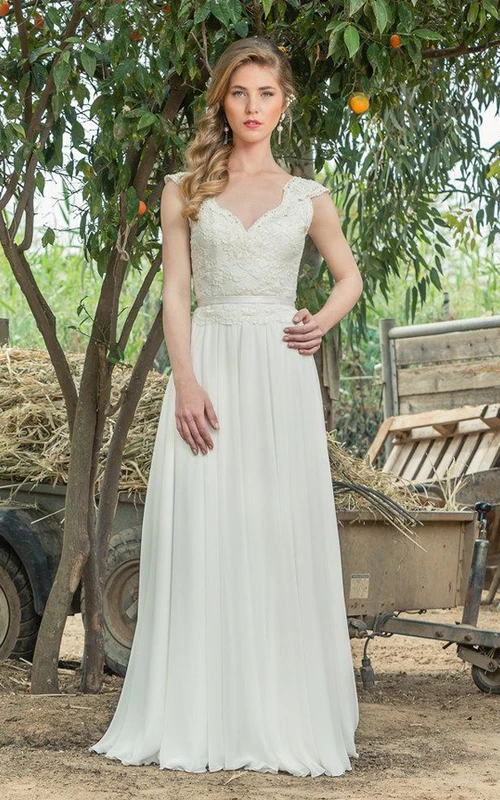 Plunged Cap-Sleeve Lace Chiffon Pleated Simple Wedding Dress With Low-V Back