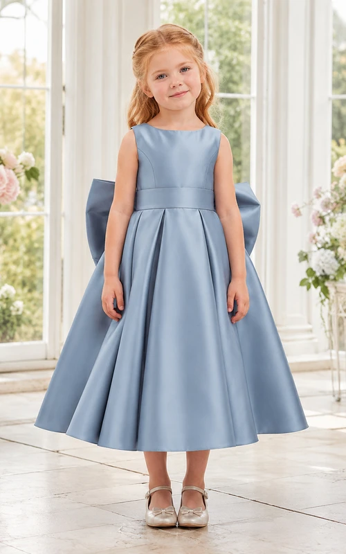 Princess Satin Flower Girl Dress with Puff Sleeves