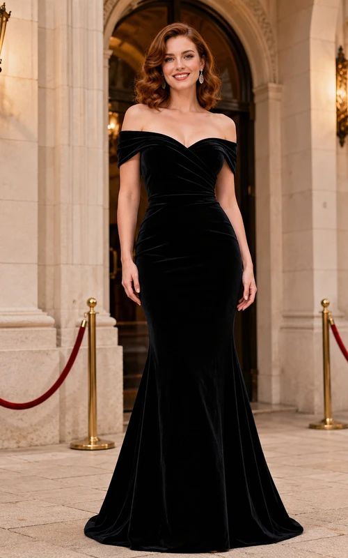 Black Velvet Off Shoulder Sweetheart Mermaid Evening Gown