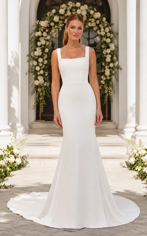 Robe de mariée minimaliste en satin, coupe sirène, col carré, sans manches, traîne courte