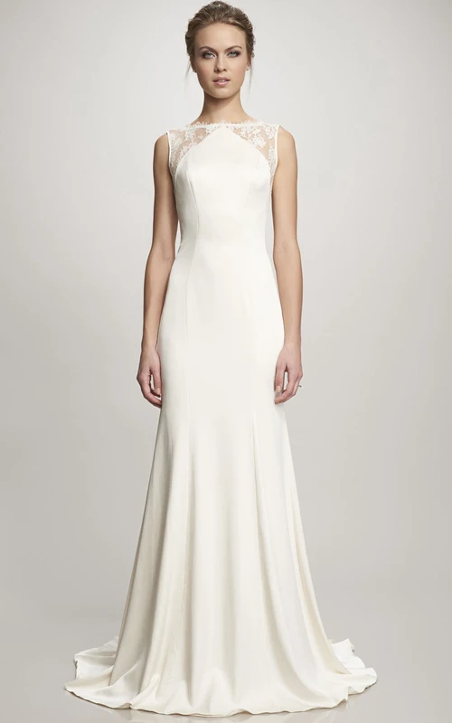 Ärmelloses, bodenlanges A-Linien-Brautkleid aus Spitze und Satin mit Illusionsrücken und Schleppe