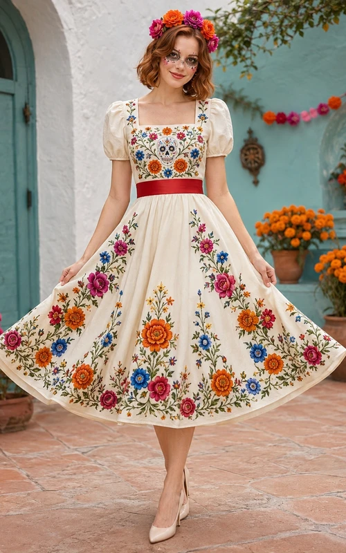 Vestido vintage de corte A, largo midi, color marfil, con escote cuadrado, mangas abullonadas y bordado floral.