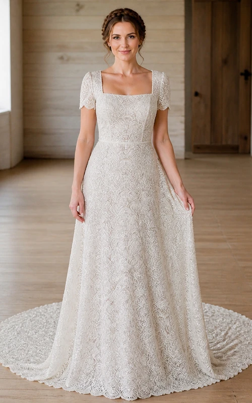Vestido de novia vintage de corte A con estampado floral, escote cuadrado y manga corta hasta el suelo