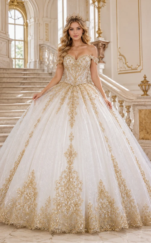Vestido de fiesta formal de princesa para quinceañera, de lujo, color oro blanco, con escote corazón y hombros descubiertos, bordados.