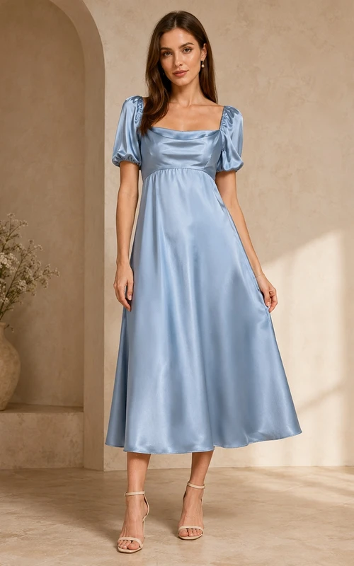 Steel Blue Cowl Neck Puff Sleeve Satin Empire Tea-Length A-Line Guest Dress