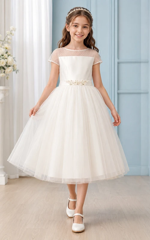 Robe de demoiselle d'honneur en tulle transparent à ceinture de perles, style bateau, pour communion.