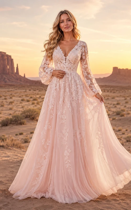 Blush Boho V-Neck Bishop Sleeve Lace Desert Bridal Gown