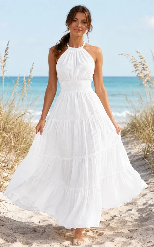 White Chiffon Halter Sleeveless Tiered A-Line Tea-Length Beach Dress