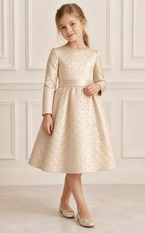 Schlichtes, langärmeliges, champagnerfarbenes, wadenlanges, rautenförmig gestepptes Satin-Blumenmädchenkleid mit schmalem Bund und rautenförmigem Saum